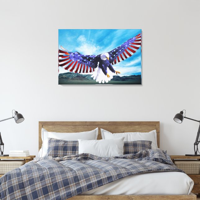 Eagle flying in the sky with a American flag Canvas Print (Insitu(Bedroom))