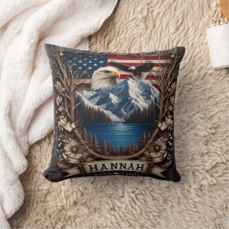 Eagle Flying Over Mountains and American Flag Cushion