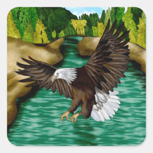 Eagle Flying over River in the Mountains Square Sticker