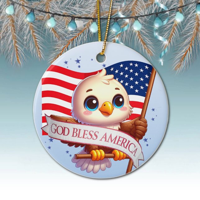 Eagle God Bless America USA Flag Patriotic 🦅🇺🇸  Ceramic Tree Decoration (Patriotic Ornament USA Flag Hanging Xmas Tree Decor American Eagle Decoration God Bless America 🎄)