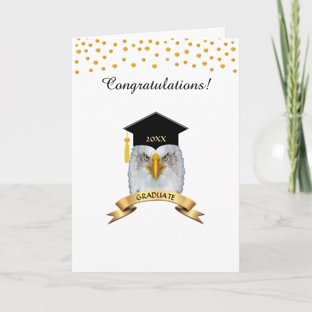 Eagle graduation congratulations on golden & white card (Front)