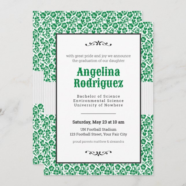 Eagle Green Floral Damask Photo Graduation Invitation (Front/Back)