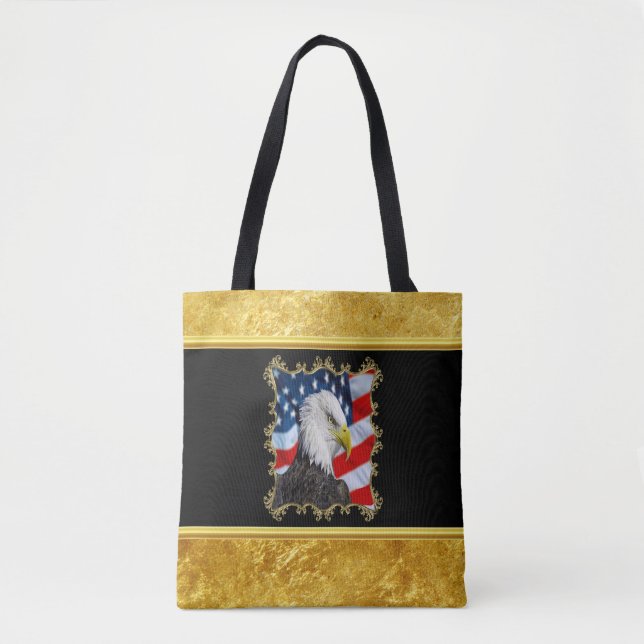 Eagle head  and a American flag gold foil design Tote Bag (Front)