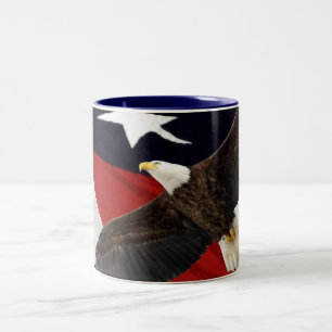 Eagle In Flight Over American Flag Two-Tone Coffee Mug