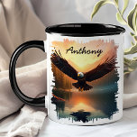 Eagle in Flight Sunset Reflection Mug<br><div class="desc">Elevate your morning routine with the Eagle in Flight Sunset Reflection Mug. This breathtaking mug features a soaring eagle captured mid-flight against a stunning sunset, with the vibrant sky and serene lake beautifully reflected below. Customised with your name, it adds a personal touch that makes it uniquely yours. Perfect for...</div>