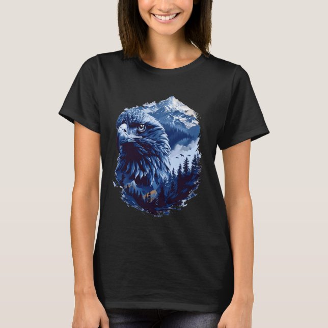 eagle in front of moon mountain and forest wild bi T-Shirt (Front)