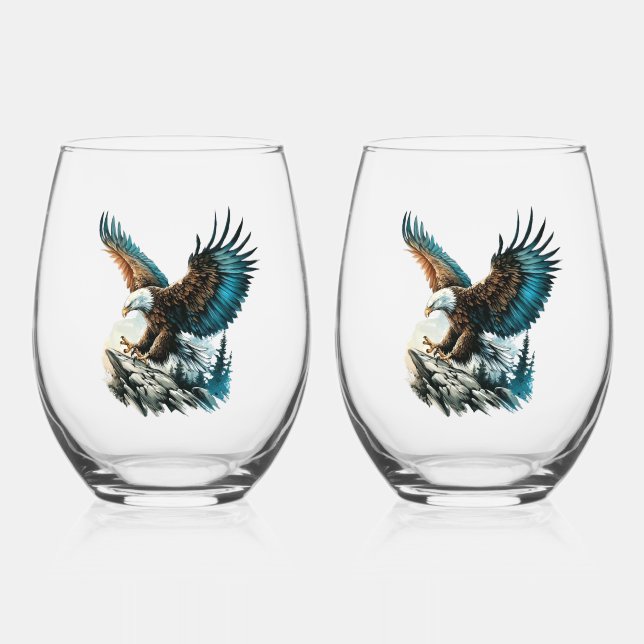 Eagle in Watercolor Stemless Wine Glass (Front)