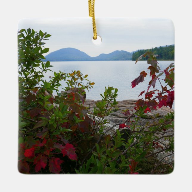 Eagle Lake and Red Maple Leaves Ceramic Ornament (Front)