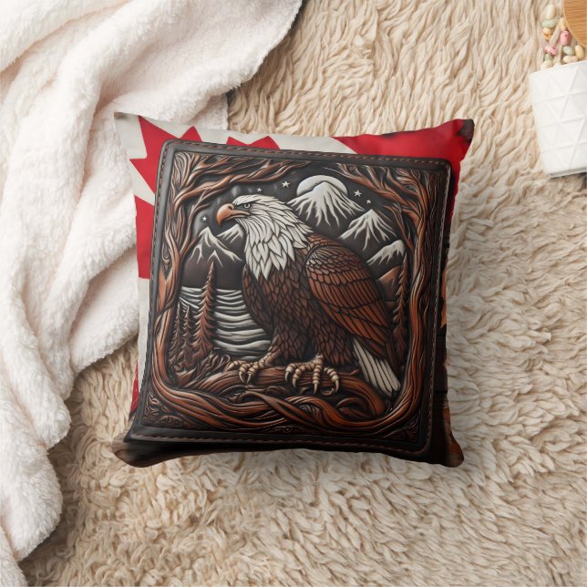 Eagle Leather Carving With Canadian Flair Cushion (Blanket)
