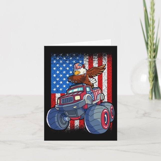Eagle Monster Truck 4th Of July Boys American Flag Card (Front)