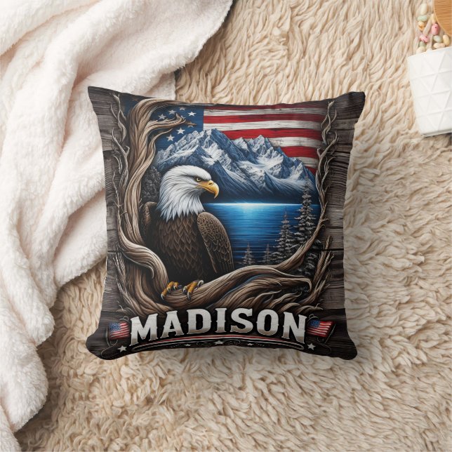 Eagle Nestled Amidst Mountains and American Flag Cushion (Blanket)