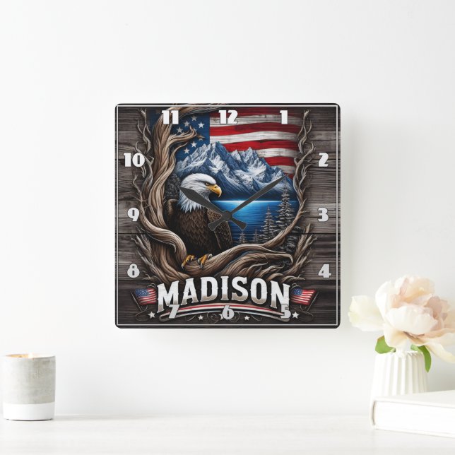 Eagle Nestled Amidst Mountains and American Flag Square Wall Clock (Home)