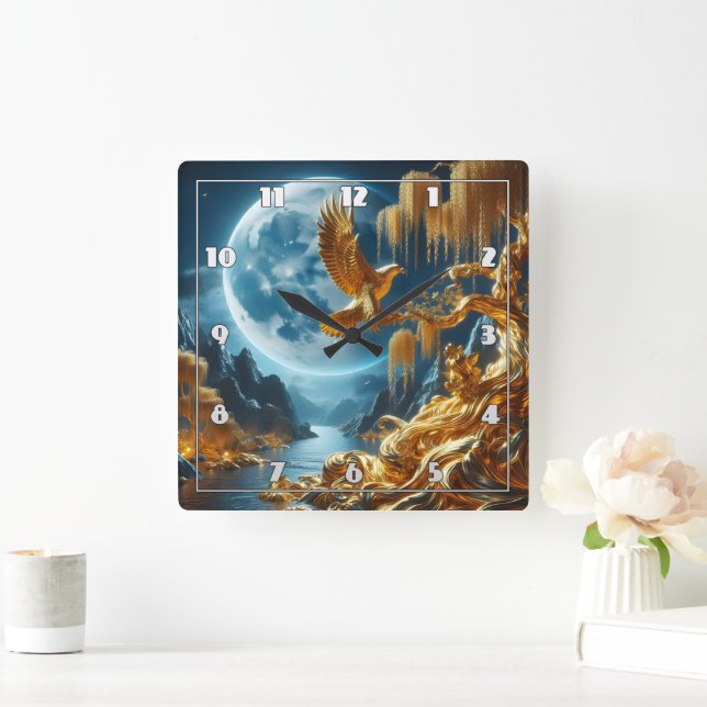 Eagle on a Branch in Moonlight Square Wall Clock (Home)