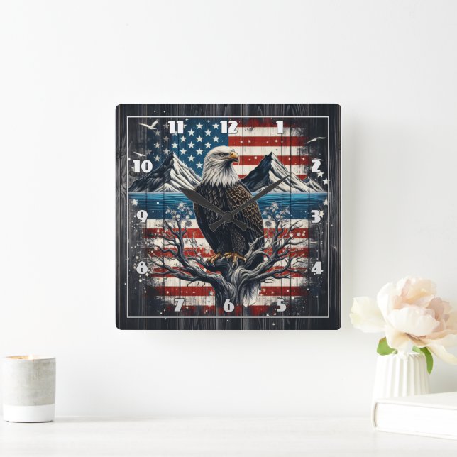 Eagle on Branch With American Flag Square Wall Clock (Home)