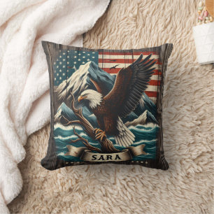 Eagle on Branch With Mountains and Flag Cushion