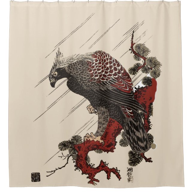 EAGLE ON THE PINE BRANCH IN THE RAIN Ukiyoe Shower Curtain (Front)