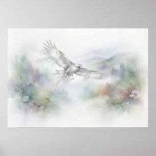 Eagle over Misty Highland Castles Watercolour Post Poster