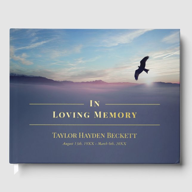Eagle Over Mountains Blue Memorial Funeral Gold Guest Book (Front)