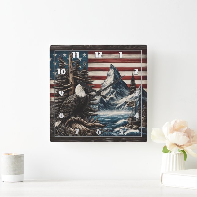 Eagle Over Scenic American Landscape Square Wall Clock (Home)