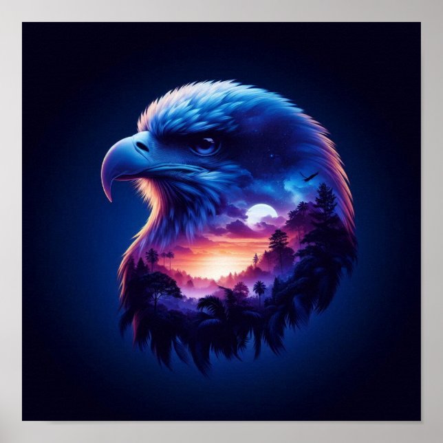 Eagle Overlayed with Mystical Sunset Landscape Poster (Front)