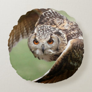 Eagle Owl In Flight Round Cushion