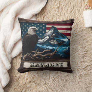Eagle Perched Before Mountain and Flag Backdrop Cushion