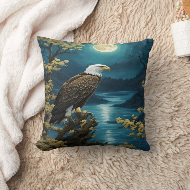 Eagle Perched Beneath Full Moon Over River Cushion (Blanket)