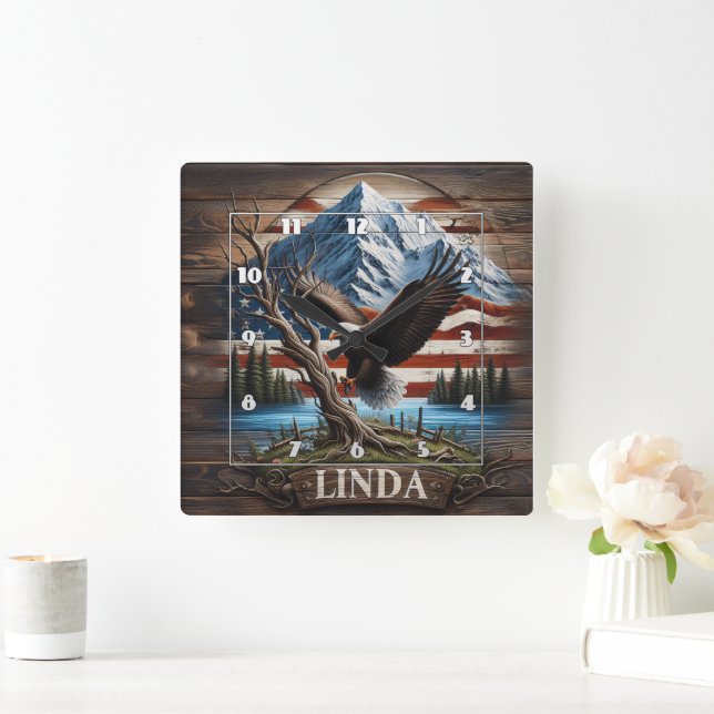 Eagle Perched by Lake Under Mountainous Sky Square Wall Clock (Home)