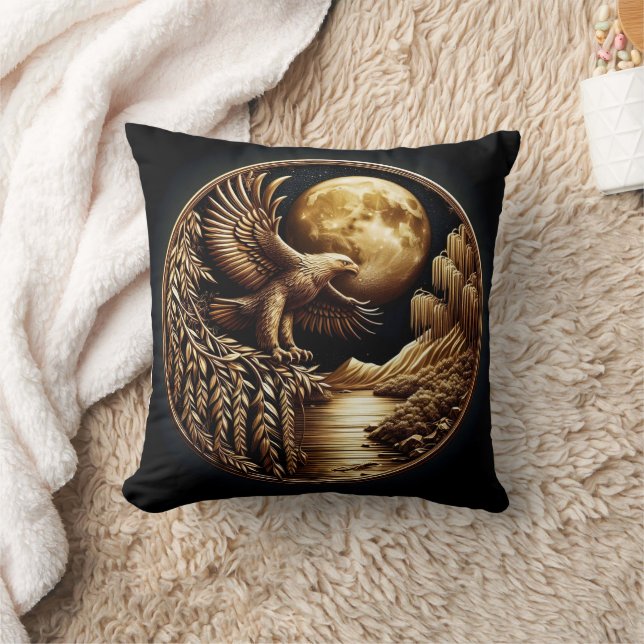 Eagle Perched by Moonlit Waters at Night Cushion (Blanket)