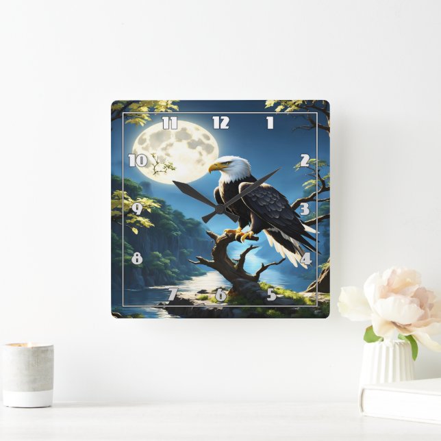 Eagle Perched Calmly on Branch Under Full Moon Square Wall Clock (Home)