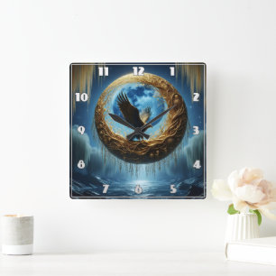 Eagle Perched in Celestial Landscape at Night Square Wall Clock