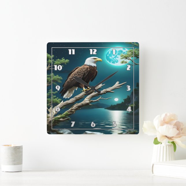 Eagle Perched on a Branch by Moonlit River Square Wall Clock (Home)