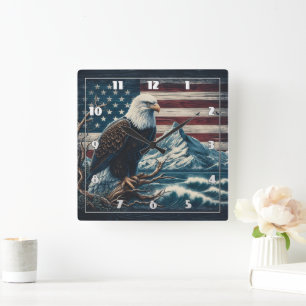 Eagle Perched on a Branch Near Mountains and Waves Square Wall Clock