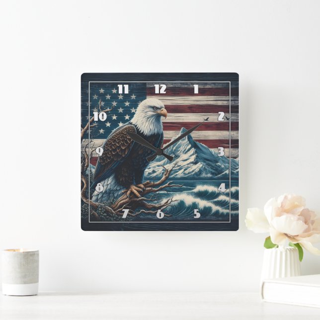 Eagle Perched on a Branch Near Mountains and Waves Square Wall Clock (Home)