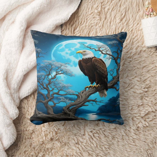 Eagle Perched on a Branch Under a Full Moon Cushion (Blanket)