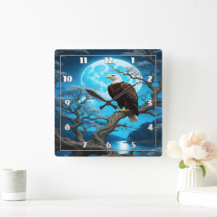 Eagle Perched on a Branch Under a Full Moon Square Wall Clock