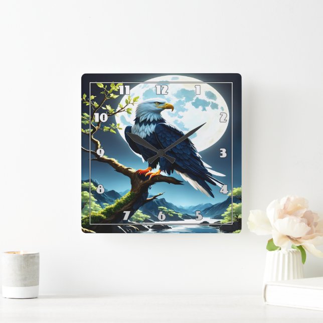 Eagle Perched on a Branch Under Full Moon Square Wall Clock (Home)