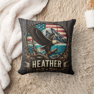 Eagle Perched on Branch Against American Landscape Cushion