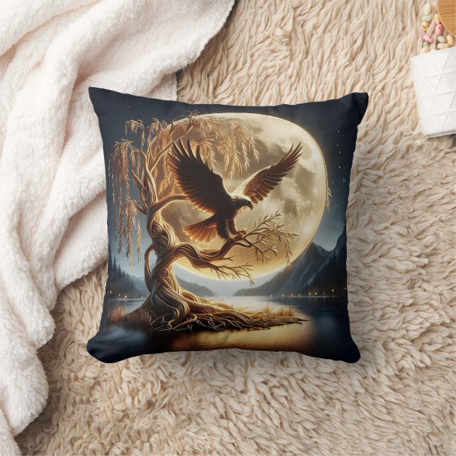 Eagle Perched on Branch Beneath Full Moon Cushion (Blanket)