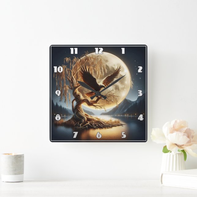 Eagle Perched on Branch Beneath Full Moon Square Wall Clock (Home)