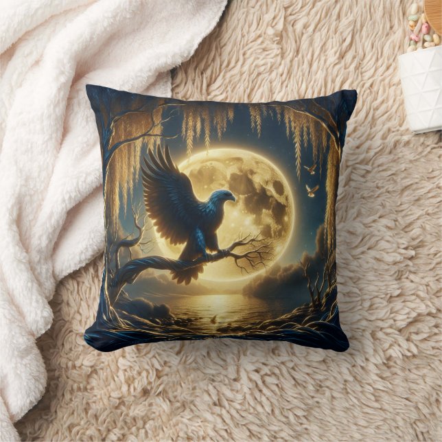 Eagle Perched on Branch by Full Moonlit Lake Cushion (Blanket)