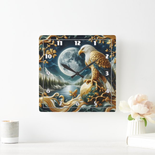 Eagle Perched on Branch Under Full Moon Square Wall Clock (Home)