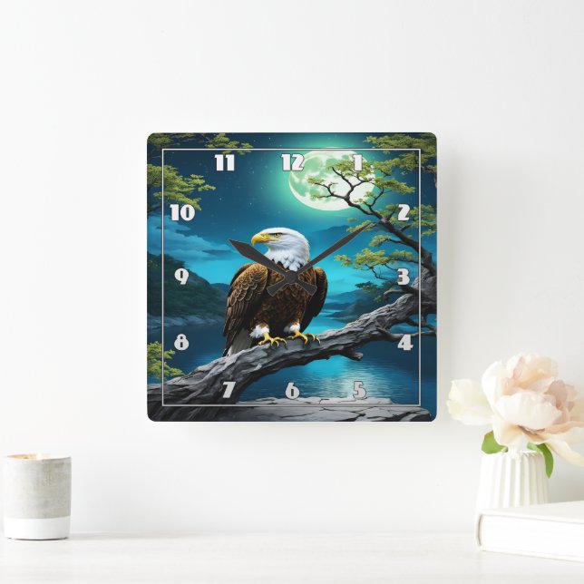 Eagle Perched on Branch Under Full Moon Square Wall Clock (Home)