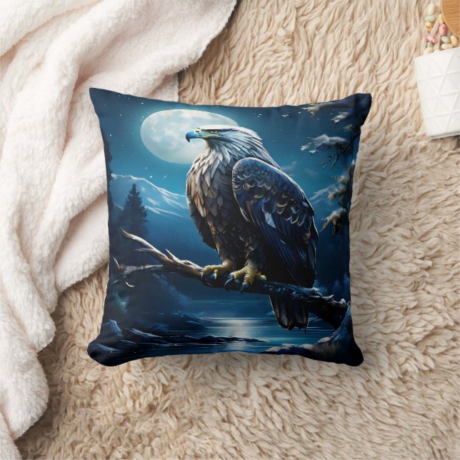 Eagle Perched on Branch Under Full Moonlight Cushion (Blanket)