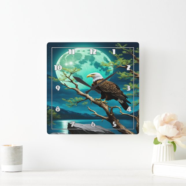 Eagle Perched on Branch Under Full Moonlight Square Wall Clock (Home)