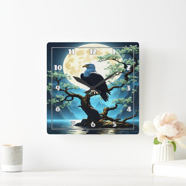 Eagle Perched on Branch Under Full Moonlight Square Wall Clock (Home)
