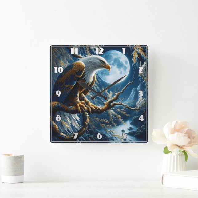 Eagle Perched on Branch Under Moonlit Sky Square Wall Clock (Home)