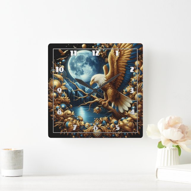 Eagle Perched on Branch Under Moonlit Sky Square Wall Clock (Home)
