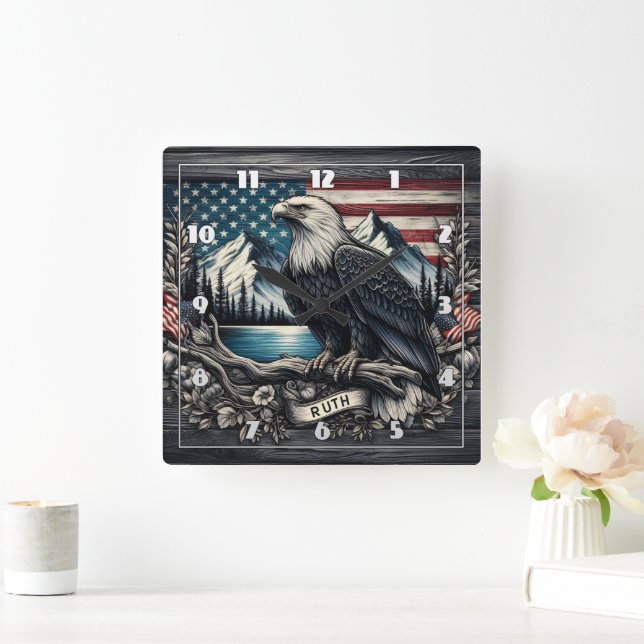 Eagle Perched on Branch With Mountain Backdrop Square Wall Clock (Home)