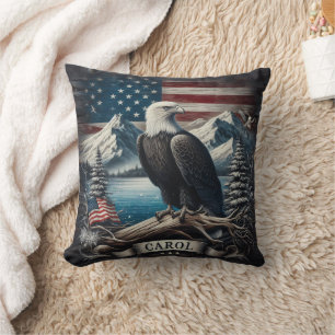 Eagle Perched on Branch With Mountains and Flag Cushion